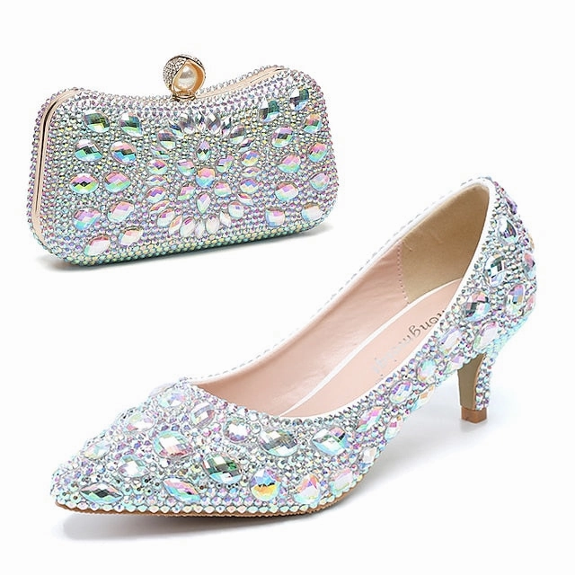 Women's Matching Heel Kitten Shoes Crystal-Embellished and