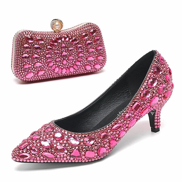 Women's Matching Heel Kitten Shoes Crystal-Embellished and