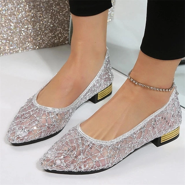 Women's Silver Flats Ballet  Elegant Mesh Sequin