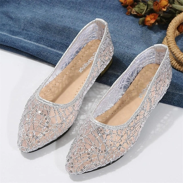 Women's Silver Flats Ballet  Elegant Mesh Sequin