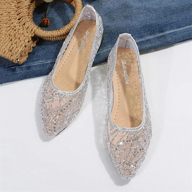 Women's Silver Flats Ballet  Elegant Mesh Sequin