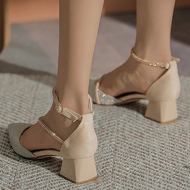 Pointed Ankle Block Toe Women's Heels Mesh Glitter with New Balance 990 On Feet