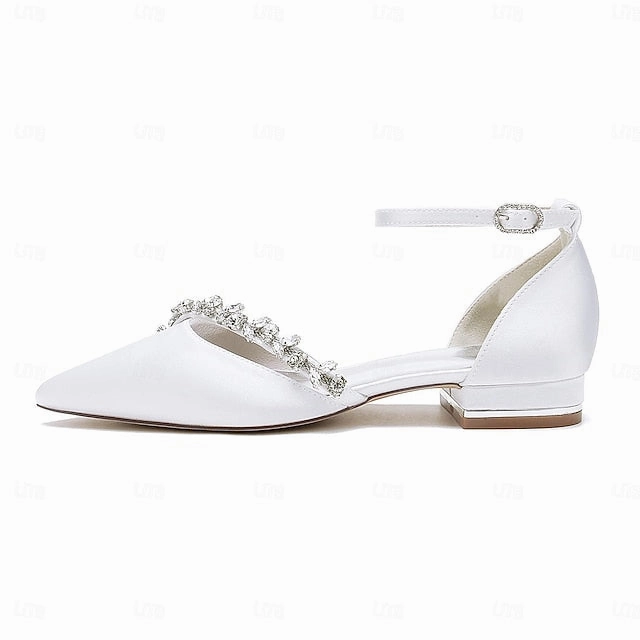 White Satin  Pointed Toe Wedding Flats Women's Elegant