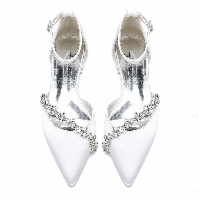White Satin  Pointed Toe Wedding Flats Women's Elegant