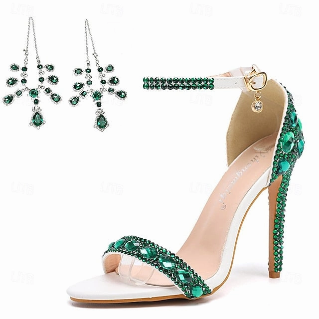 Green Ankle with Rhinestone Matching Women's Stiletto Heels