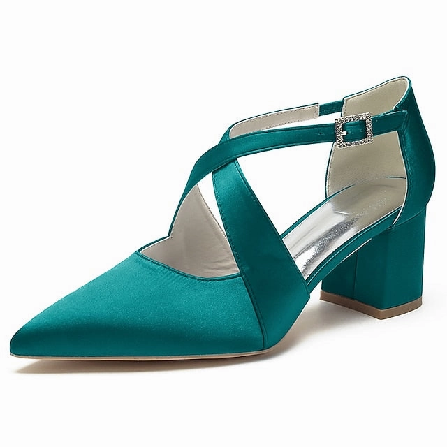 Satin Elegant Toe  White Women's Heels Block Pointed