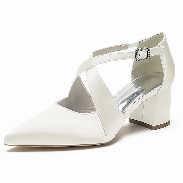 Satin Elegant Toe  White Women's Heels Block Pointed