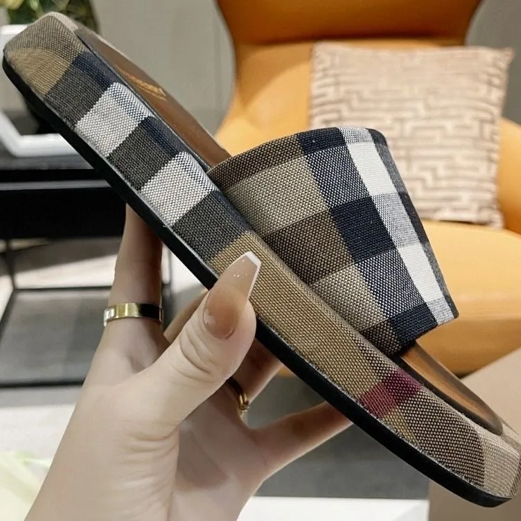 Open Toe House Slippers SE883 BUR Check Cotton Slides Size5-10