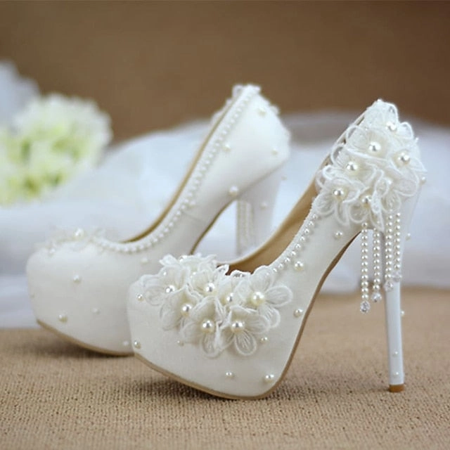 Lace Heels Platform with White Floral Women's Wedding
