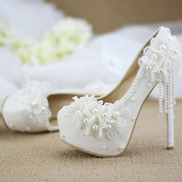 Lace Heels Platform with White Floral Women's Wedding