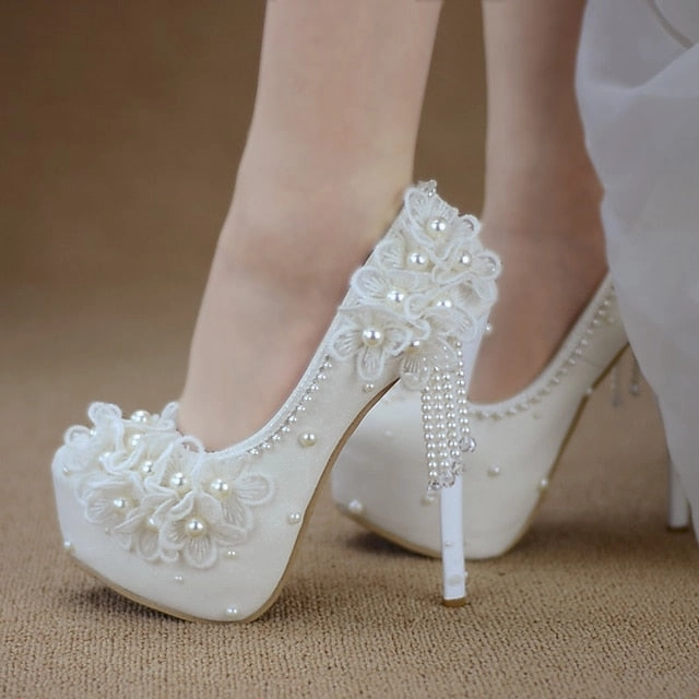 Lace Heels Platform with White Floral Women's Wedding