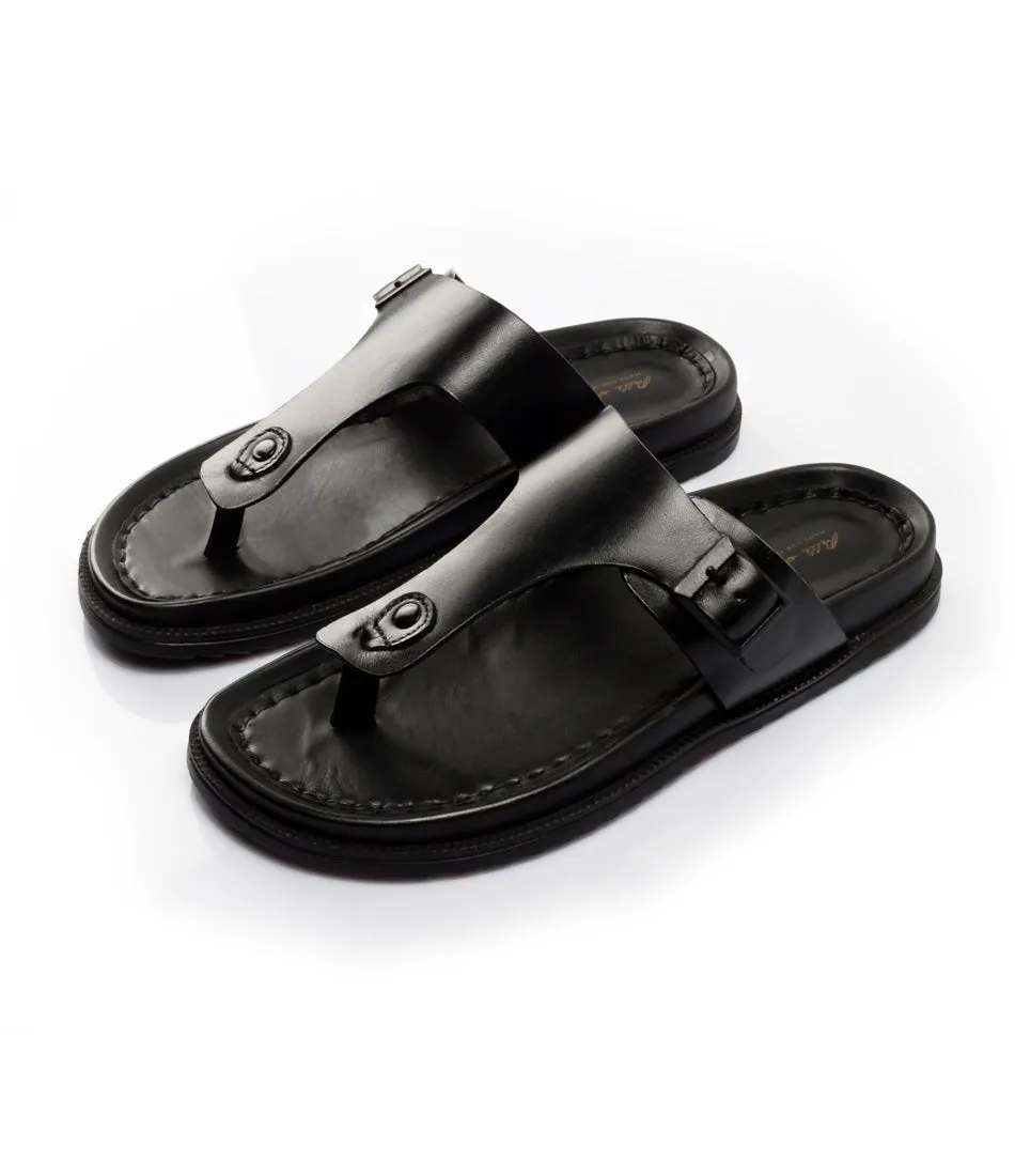 Palermo Leather Slippers - Black Fluffy Back Strap Slippers