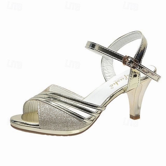 Straps - with Sandals Women's Silver Glitter Mid Heel