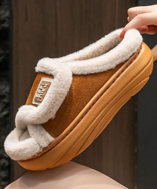 Canvas Ballet Slippers Stylish Khaki Fuzzy Fur Slippers Shoes Platform WT015