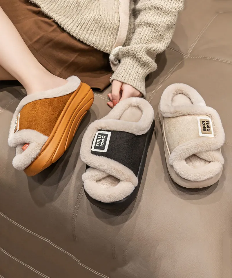 Stylish Khaki Fuzzy Fur Slippers Shoes Platform WT015 Warm House Slippers