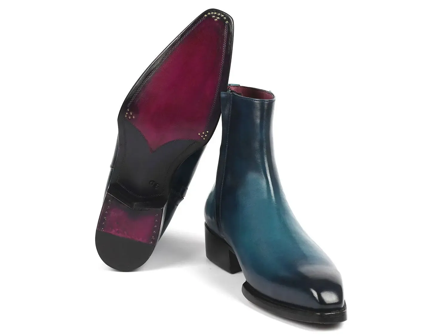 Paul Parkman Side Zipper Boots Goodyear Welted in Blue Burnished Marine Boots