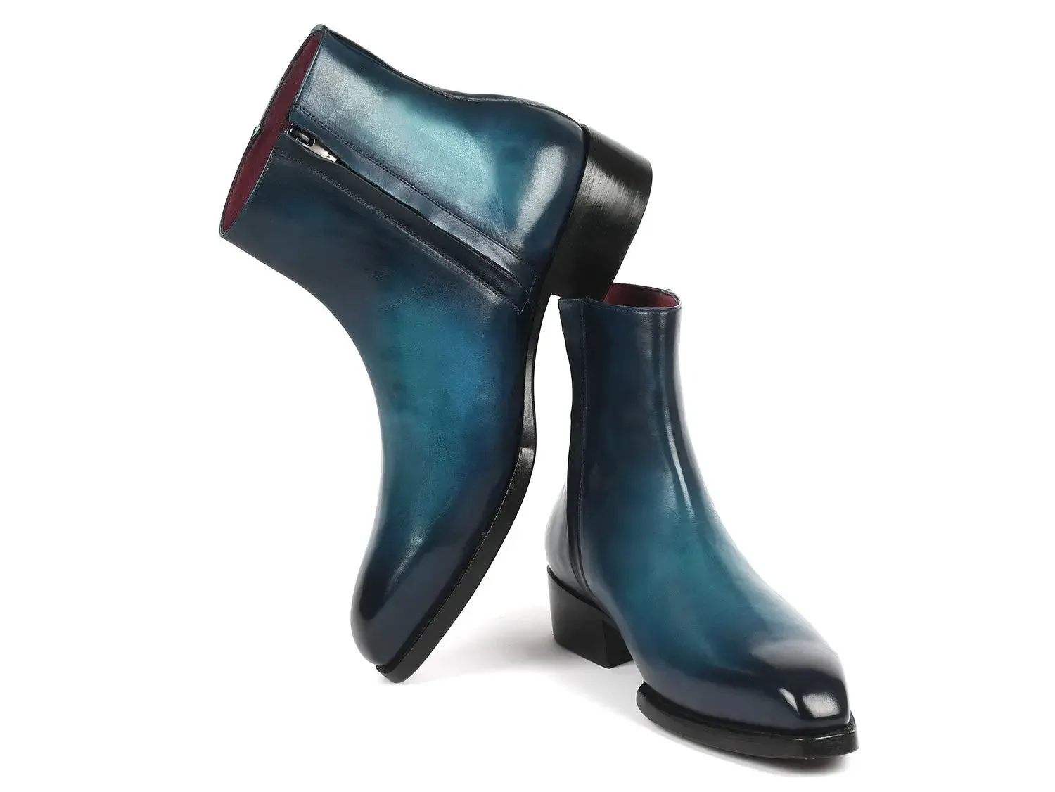 Paul Parkman Side Zipper Boots Goodyear Welted in Blue Burnished Leather Heeled Boots