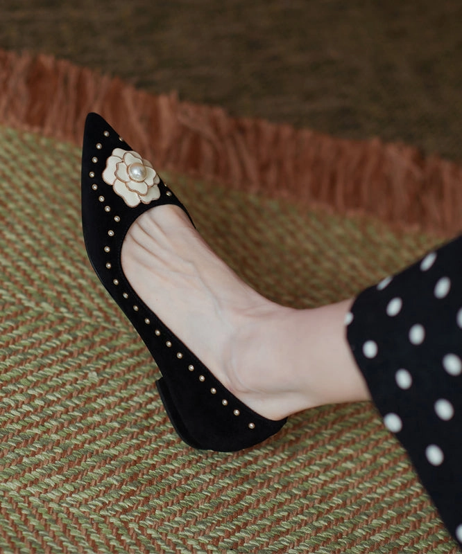 French Suede Floral Nail Bead Splicing Flat Shoes Pointed Toe QK036 Silver And Black New Balance