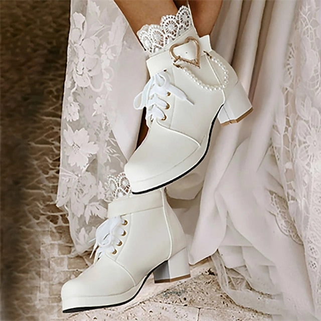 Wedding Shoes Women's Boots Lace-Up White Ankle  Bridal