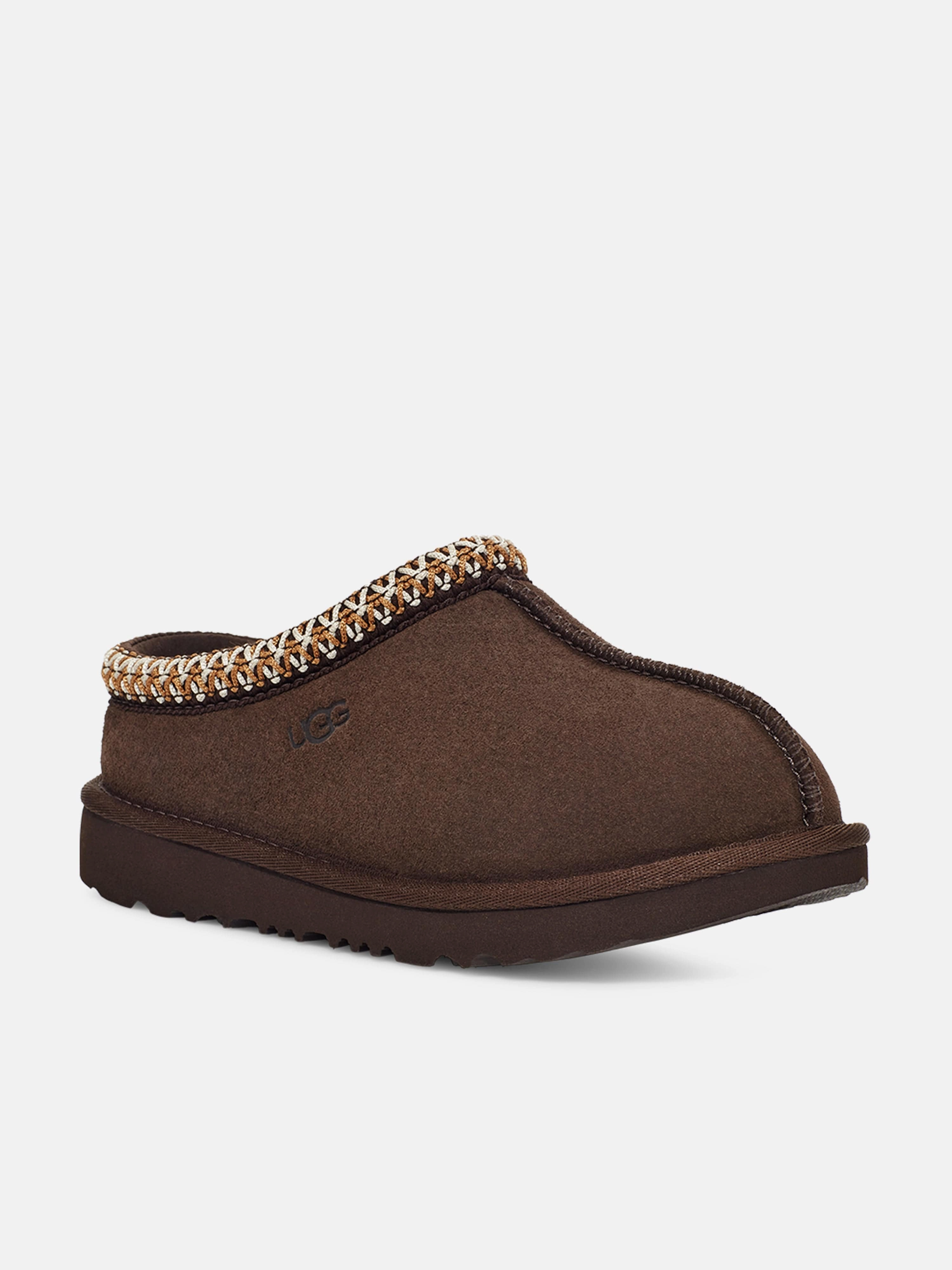 UGG Kids Tasman II Slippers in Brown Logo Leather Slide Sandals