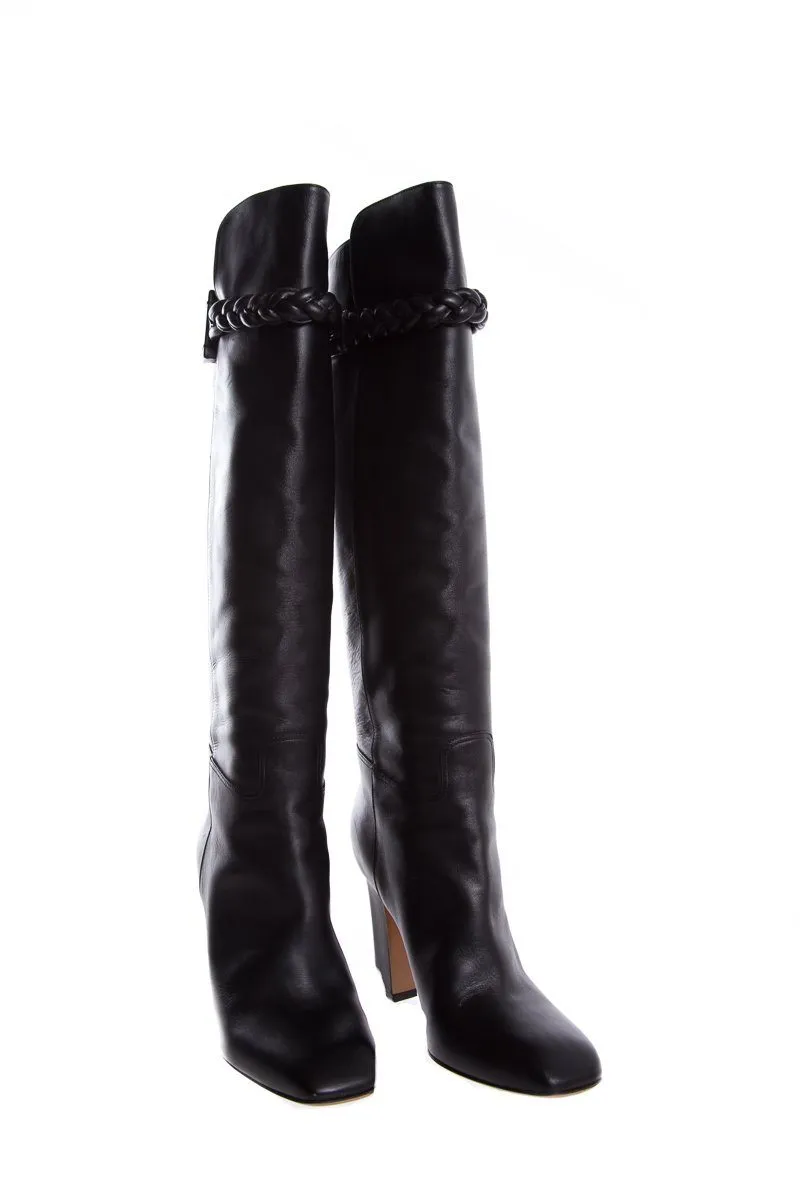 Valentino Black Braided Leather Knee-High Boots SZ 38.5 Light Cowgirl Boots