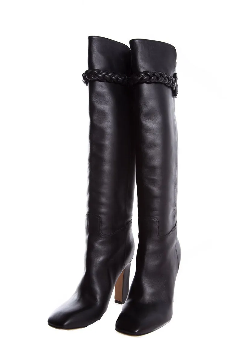 Boots With Fringe Valentino Black Braided Leather Knee-High Boots SZ 38.5