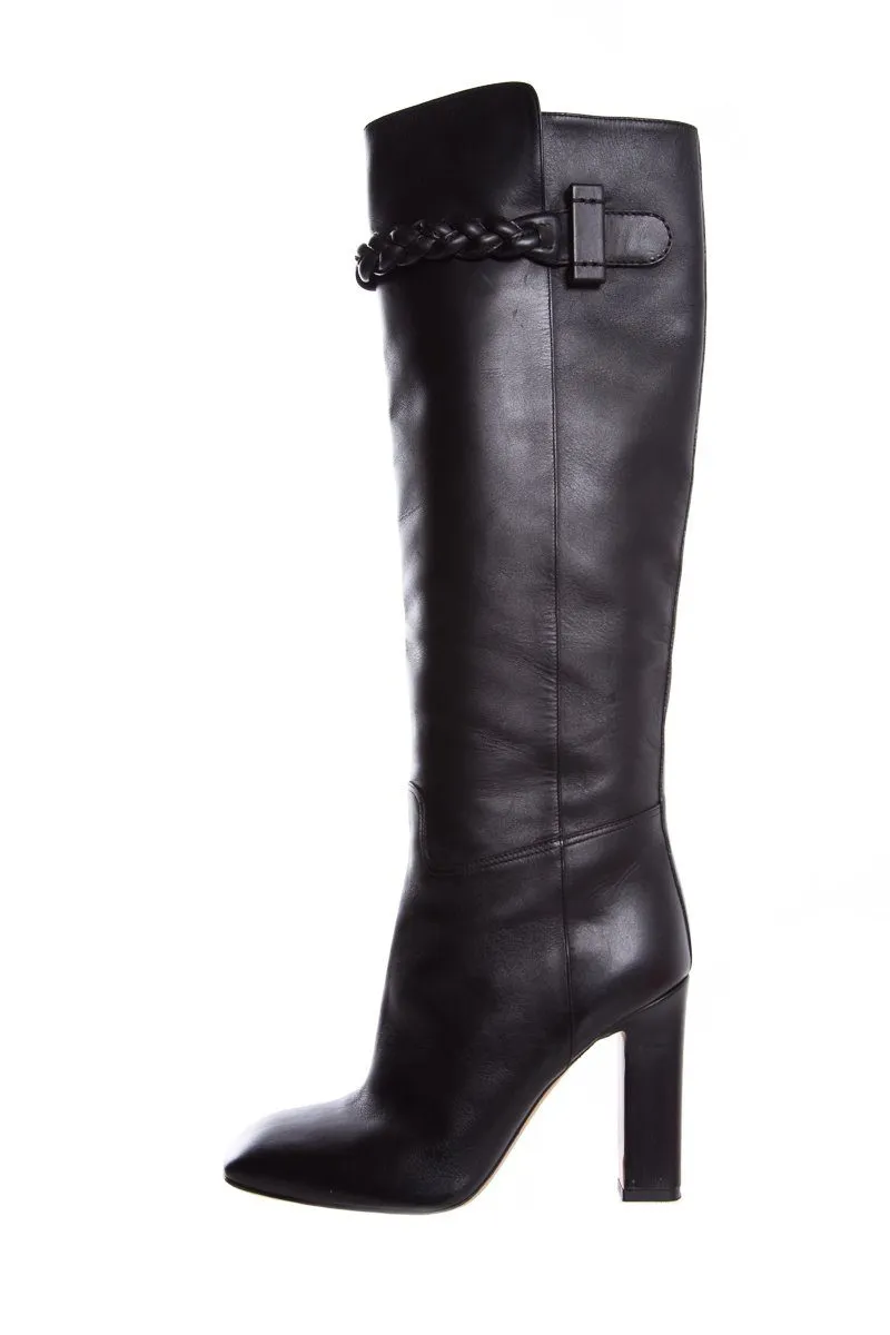 Valentino Black Braided Leather Knee-High Boots SZ 38.5 Black Leather Boots