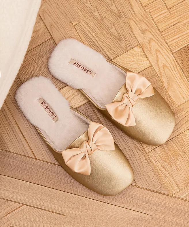 Uhg Slippers Pink Comfy Faux Leather Slippers Shoes Splicing Bow RX020