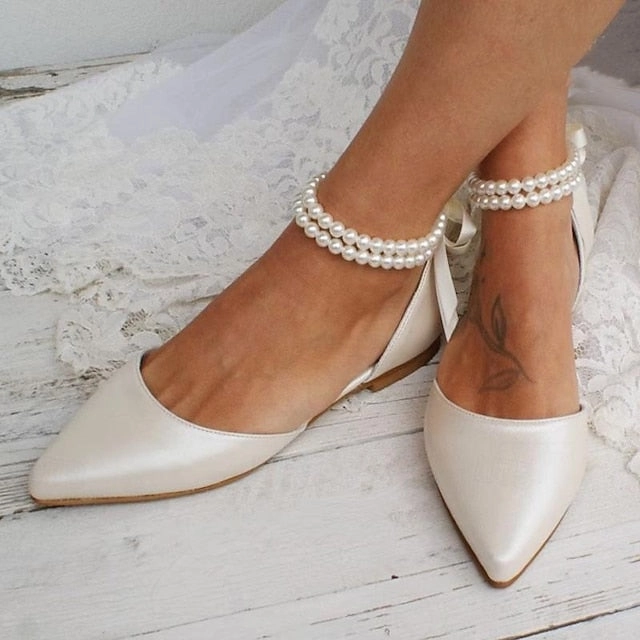 White Bridal Strap Elegant Flats Women's Pearl Ankle  9069 New Balance Black