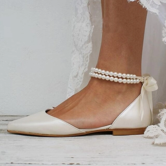 White Bridal Strap Elegant Flats Women's Pearl Ankle  Hesi Low New Balance