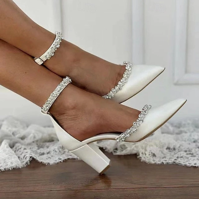 with White Toe Heel Shoes Block Women's Pointed  Wedding