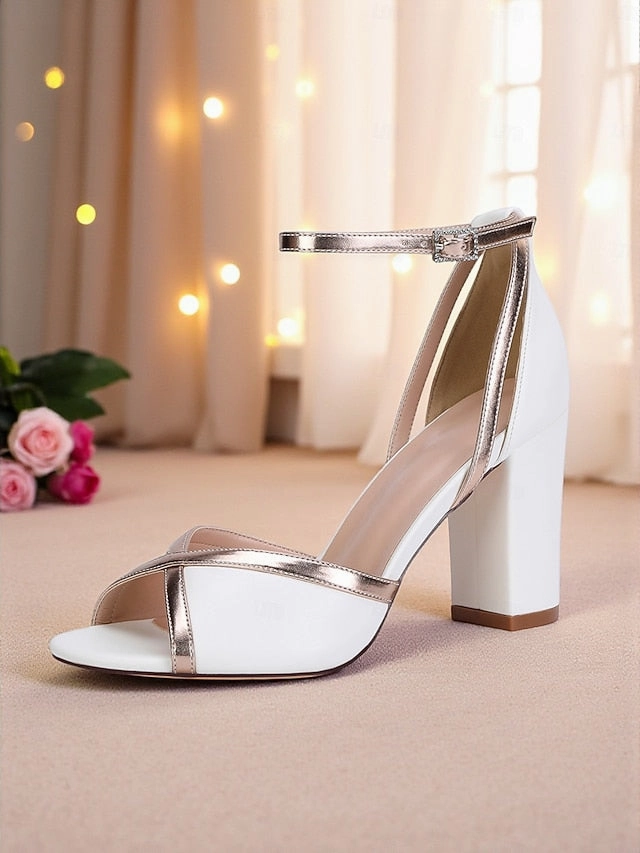 Women's Strap with White Ankle Block Metallic Sandals Heel