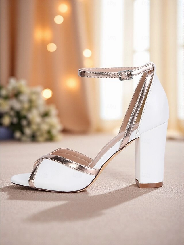 Women's Strap with White Ankle Block Metallic Sandals Heel